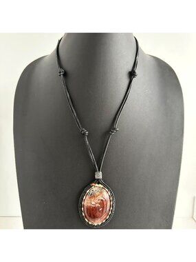 Jasper Cabochon Copper Wire Wrapped Leather Pendant Necklace Boho Artisan